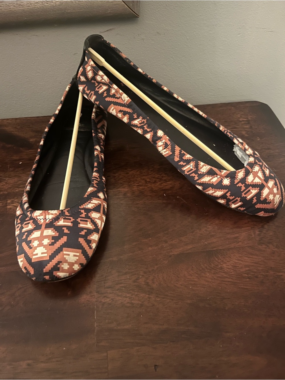 Tory Burch Black and Brown Geometric Print Canvas Ballet Flats